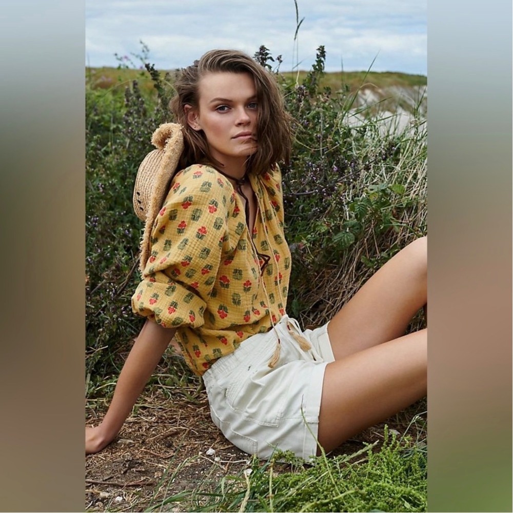 Anthropologie Porridge Elisabeth Floral Peasant Blouse Mustard Yellow Cotton M